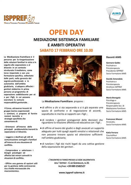 Open day: Mediazione Sistemica Familiare e ambiti operativi - 17/02/2024 ore 10:00